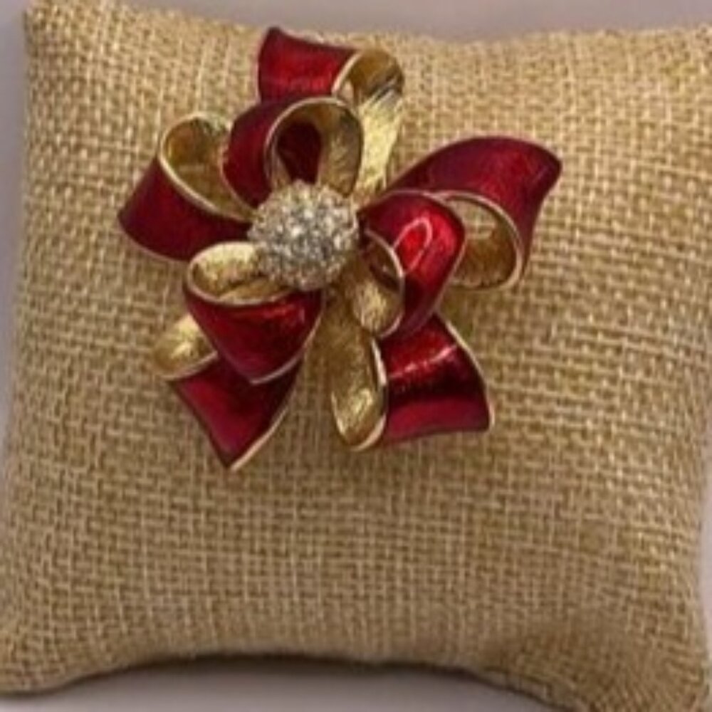 Vintage Roman Gold Tone Red Gold Enamel Bow Ribbon Rhinestone Brooch